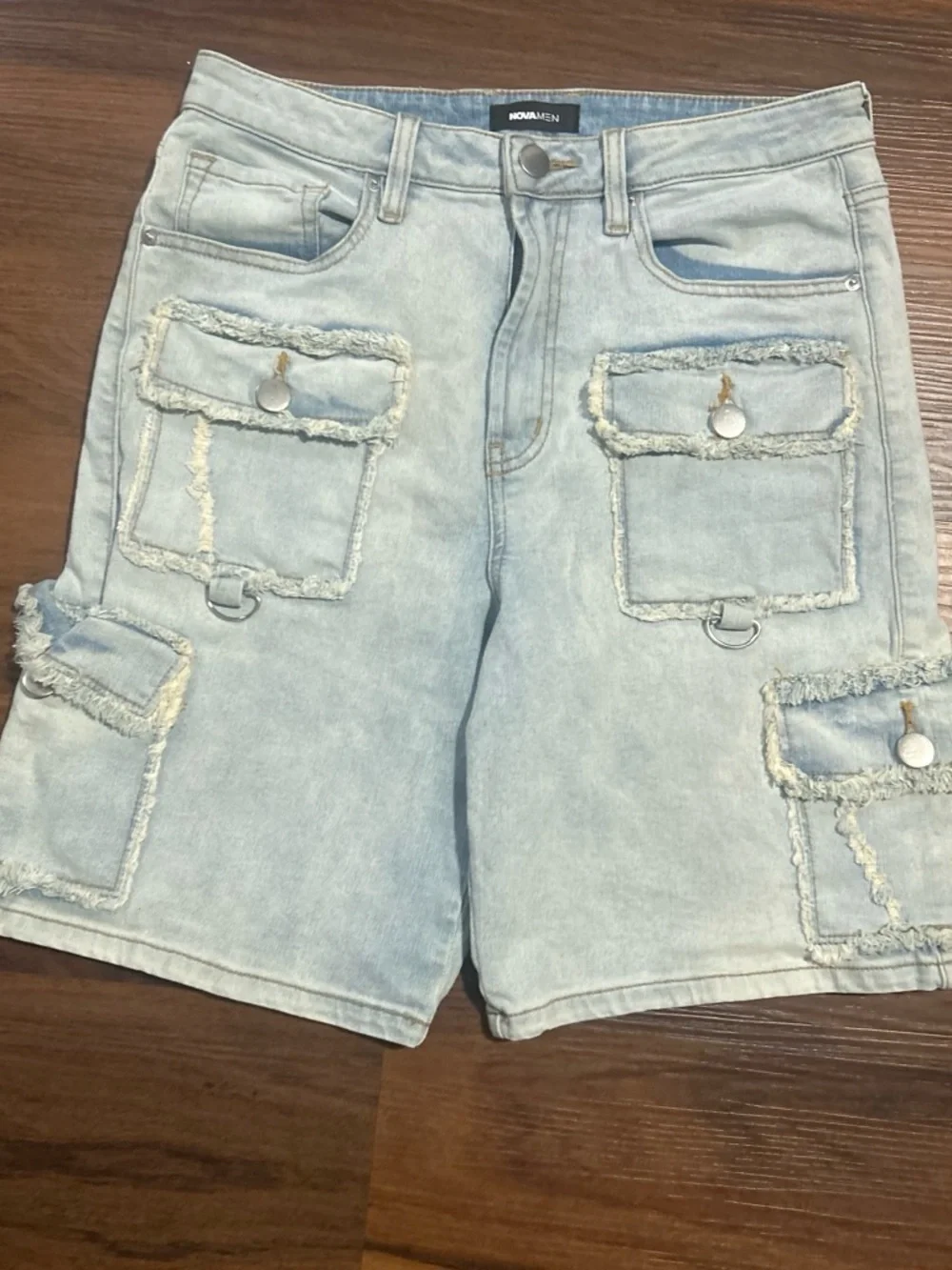Fashion Nova Light Wash Cargo Jean Shorts with Frayed Flap Pockets